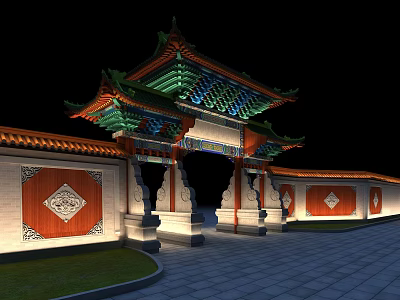 Traditional Chinese Entrance Gate With Green Red Roof And Diamond Patterned Walls Illuminated At Night 3d model