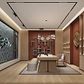 Modern Restaurant Interior With Large Wooden Table Chairs Windows Chandelier Bar Counter And Marble Floor