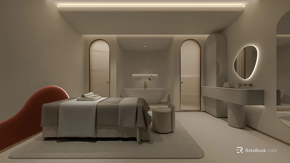 Modern SPA Sauna Interior With Massage Bed Bathtub And Vanity Design 3d model 