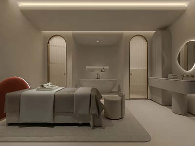 Modern SPA Sauna Interior With Massage Bed Bathtub And Vanity Design 3d model