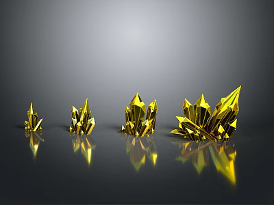 Golden Geometric Crystal Structures In Different Sizes Arranged On Gray Background With Reflections 3d model