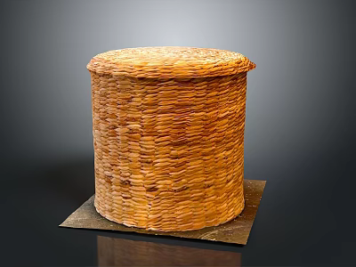 Brown Round Woven Storage Basket With Lid And Woven Texture On Mat 3d model