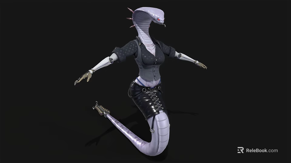 Humanoid Snake Character With Mechanical Arms And Snake Tail In Black Clothing 3d model 