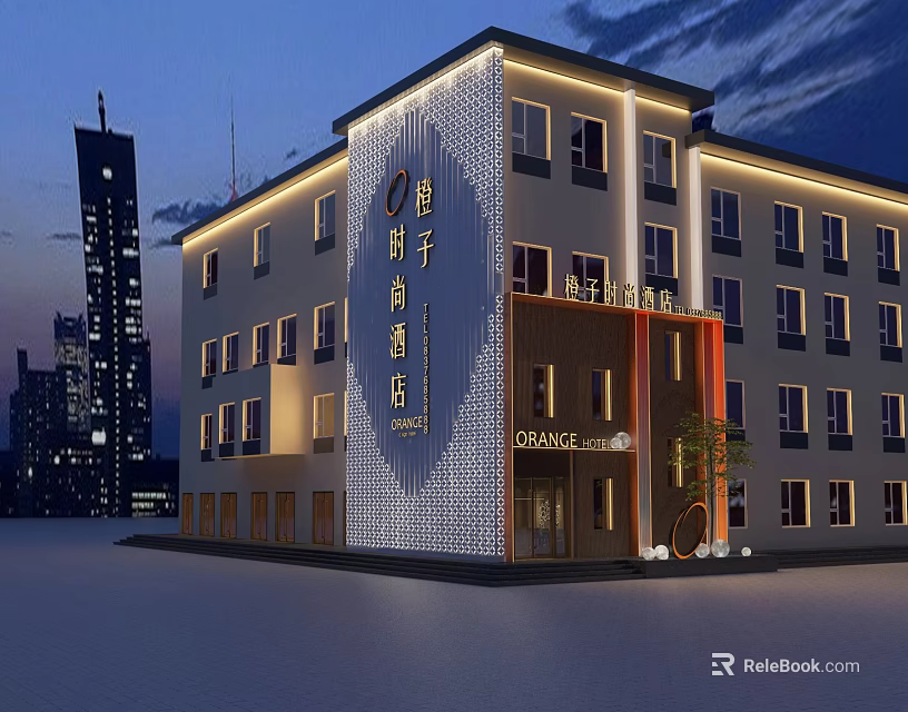 Modern Multi Story Orange Hotel Building With Illuminated Exterior In City Night 3d model 