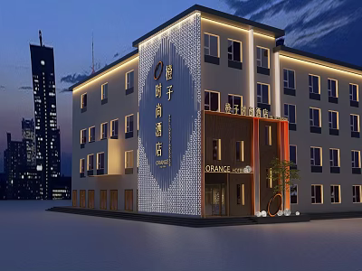 Modern Multi Story Orange Hotel Building With Illuminated Exterior In City Night 3d model