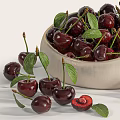 Fresh Ripe Cherries in Ceramic Bowl with Green Leaves and Scattered Berries