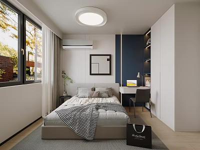 Modern Kids Room Interior With Bed Desk Window Bookshelf Picture Frame And Plant 3d model