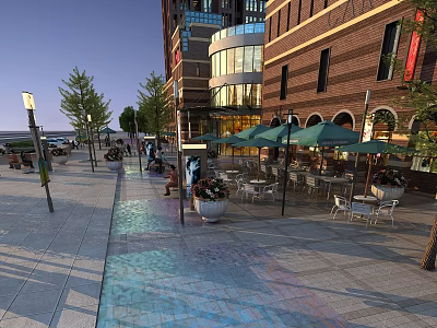 Vibrant Commercial Street with Paved Walkway Red Brick Buildings Green Umbrellas and Outdoor Dining Areas 3d model