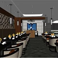 Stylish Modern Restaurant Interior Featuring Chandeliers Dining Tables Chairs And Patterned Carpet 3d model
