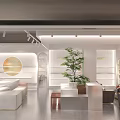 Modern Luxury Specialty Store Interior With White Display Shelves Green Plant Counter And Round Stools