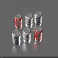 Six Red and White Carbonated Beverage Cans Arranged on Gray Surface 3d model