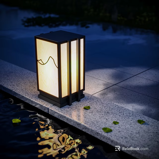Outdoor Light with Mountain Pattern Cream Shade for Garden Patio Stone Floor and Water 3d model 