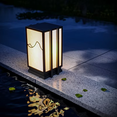Outdoor Light with Mountain Pattern Cream Shade for Garden Patio Stone Floor and Water 3d model