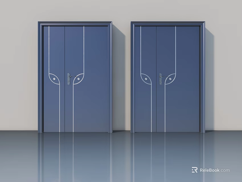 Two Blue Modern Swing Doors With White Line Details In Interior 3d model 