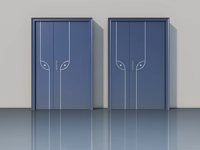Two Blue Modern Swing Doors With White Line Details In Interior 3d model