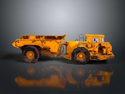 Rusty Yellow Mining Dump Truck with Large Wheels and Dark Background Reflection 3d model