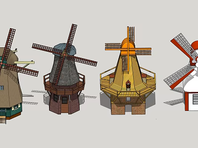 Traditional Windmill Architectural Components With Varied Roof Styles And Structural Designs 3d model