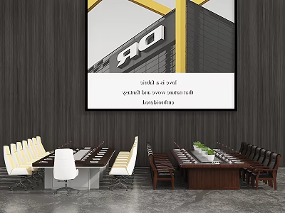 Stylish Conference Tables With Light And Dark Wood Finishes And Comfortable Chairs In Meeting Room 3d model