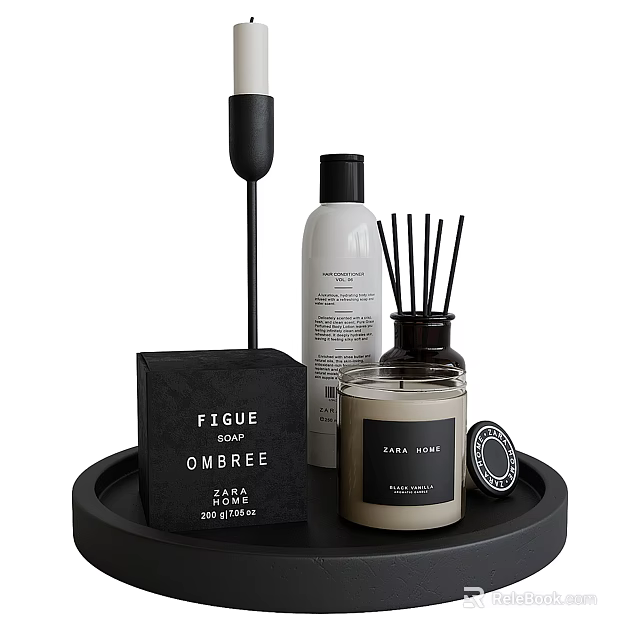 Black Tray With Soap Bar Candle Reed Diffuser And Bottles 3d model