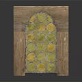 Arch Shaped Wooden Gate With Neatly Arranged Golden Circular Decorations And Wooden Frame