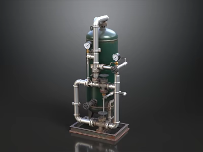 Green Industrial Pressure Vessel With Pipes Gauges And Metal Base Structure 3d model
