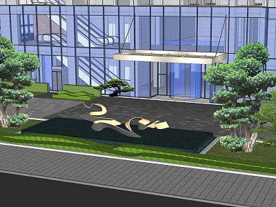 Commercial Landscape With Modern Glass Curtain Wall Entrance Canopy Golden Sculpture Trees And Paved Plaza 3d model