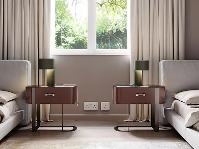 Pair of Modern Wooden Nightstands with Green Table Lamps in Bright Bedroom Setting 3d model