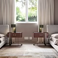 Pair of Modern Wooden Nightstands with Green Table Lamps in Bright Bedroom Setting