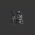 Ancient Humanoid Stone Statues With Carved Faces Standing On Grass Base 3d model