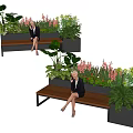 Landscape Seating Design With Wooden Bench Lush Greenery And Colorful Flowers
