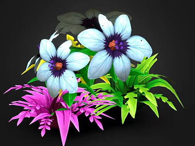 Plant Bouquet With White Large Flowers Purple Small Blooms And Green Leaves On Black Background 3d model