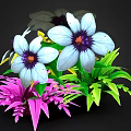 Plant Bouquet With White Large Flowers Purple Small Blooms And Green Leaves On Black Background