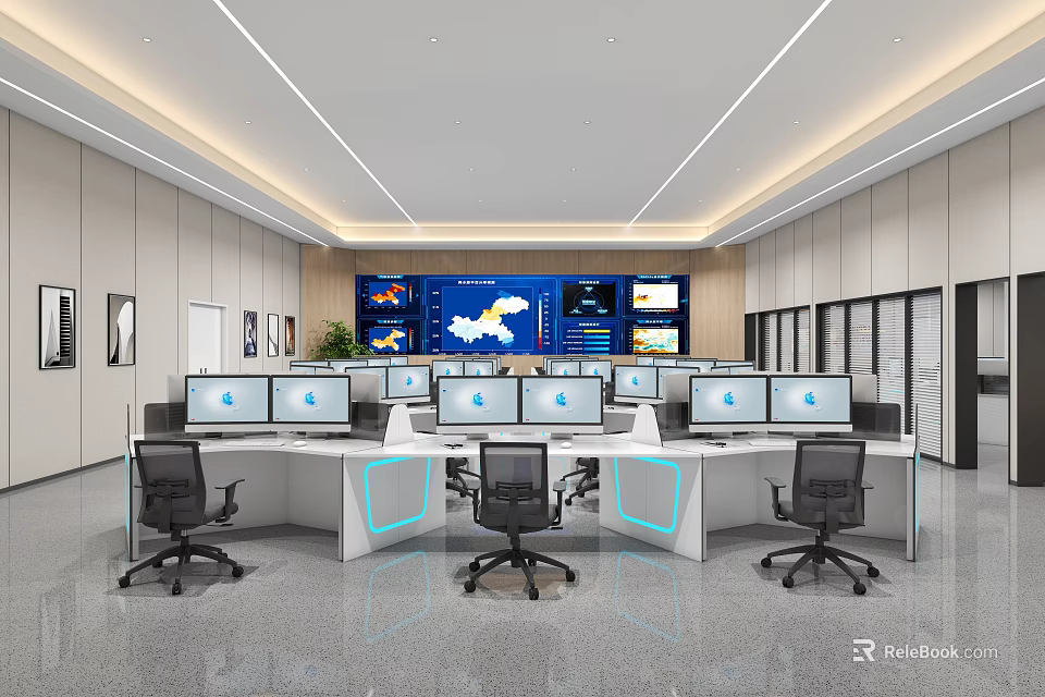 Modern Monitoring Room Interior With Computer Screens And Office Chairs 3d model 