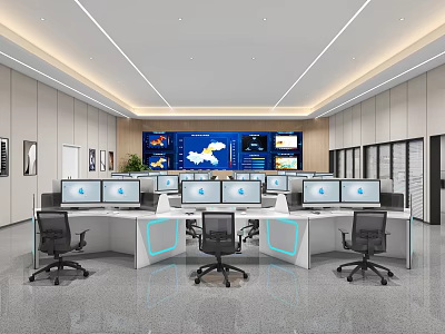Modern Monitoring Room Interior With Computer Screens And Office Chairs 3d model