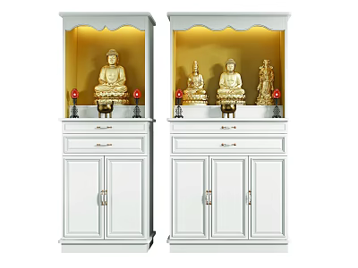 White Buddhist Shrine Cabinet With Golden Buddha Statues And Warm Interior Lighting 3d model