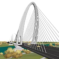 Modern White Arch Bridge With Cable Stay Design Over River And Blue Sky