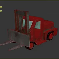 Red Toy Forklift With Metal Forks And Reflective Surface On Gray Background