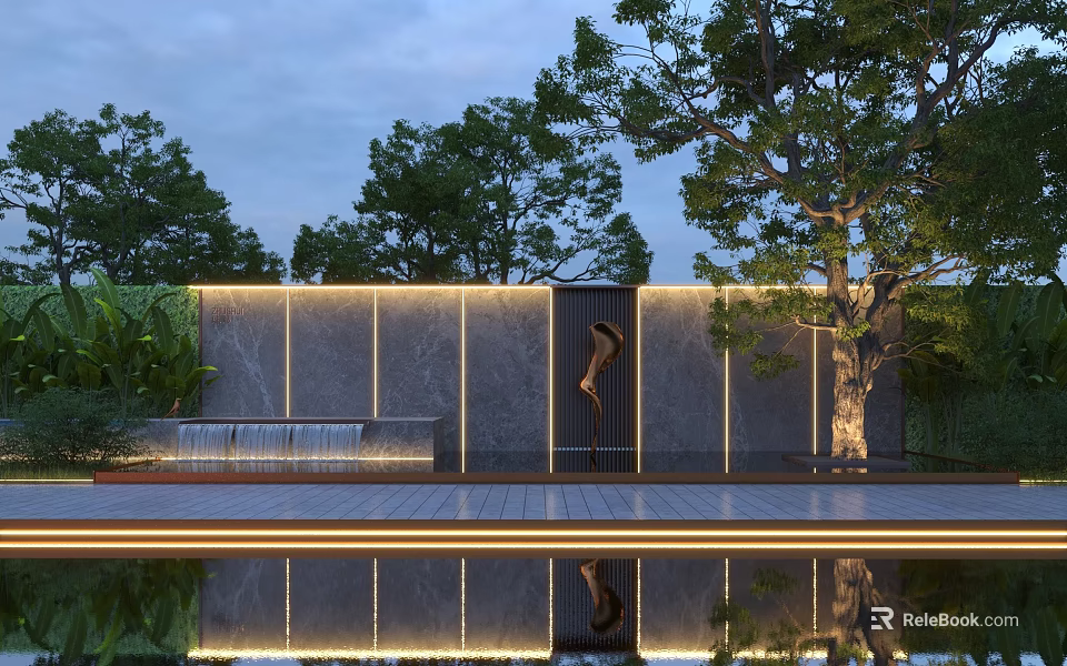 Modern Stone Feature Wall With Lighting Strips Flowing Water And Pool Reflection Surrounded By Trees 3d model