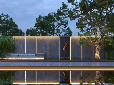 Modern Stone Feature Wall With Lighting Strips Flowing Water And Pool Reflection Surrounded By Trees 3d model