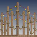 Decorative Wooden Fence With Ropes Wrapped Posts And Yellow String Lights 3d model