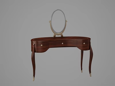Dark Brown Wooden Dressing Table with Round Mirror Three Drawers Curved Legs and Gold Accents 3d model