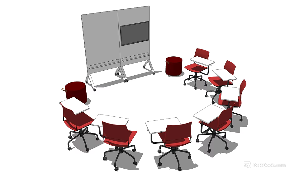 Red Office Chairs Arranged Around Whiteboard And Tables In Meeting Room Setup 3d model 