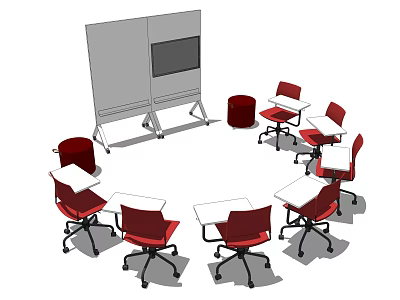 Red Office Chairs Arranged Around Whiteboard And Tables In Meeting Room Setup 3d model