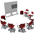 Red Office Chairs Arranged Around Whiteboard And Tables In Meeting Room Setup