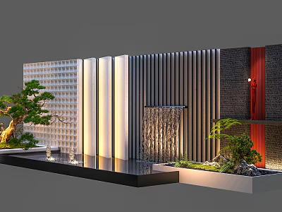 Contemporary Garden Feature Wall With Textured Panels Waterfall Green Plants And Lighting 3d model