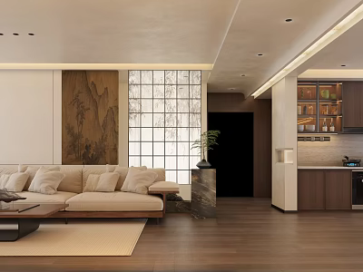 Living and Dining Room Interior With Beige Sofa Wooden Flooring Glass Partition And Open Kitchen 3d model