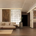 Living and Dining Room Interior With Beige Sofa Wooden Flooring Glass Partition And Open Kitchen