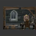 Cartoon Medieval Room Scene with Stone Walls Wooden Frame Arched Window Shield Candles and Chests