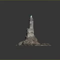 Tall Lighthouse Structure On Rocky Island With Scattered Rock Fragments