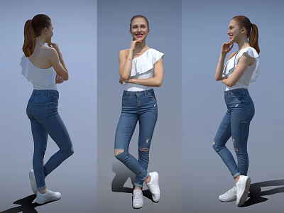 Woman In White Sleeveless Top Ripped Jeans And White Sneakers Three Different Angles Poses 3d model